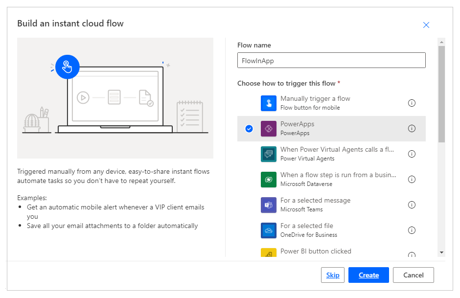 Screenshot that shows the flow option that lets's you choose how to trigger a Power Apps flow.