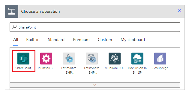 Screenshot that shows where you can search or choose a SharePoint connector when you choose an operation.
