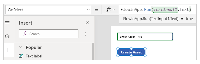 Screenshot that shows the OnSelect property formula for a button on the canvas.