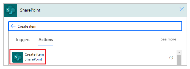 Screenshot that shows where you can search or choose the create item action.