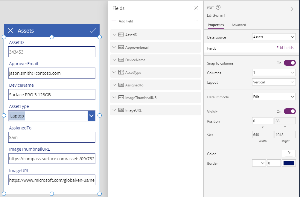 Screenshot of the first screen showing an Edit form control in an app built from a list named Assets.
