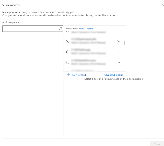 Select add user or team in the lookup.