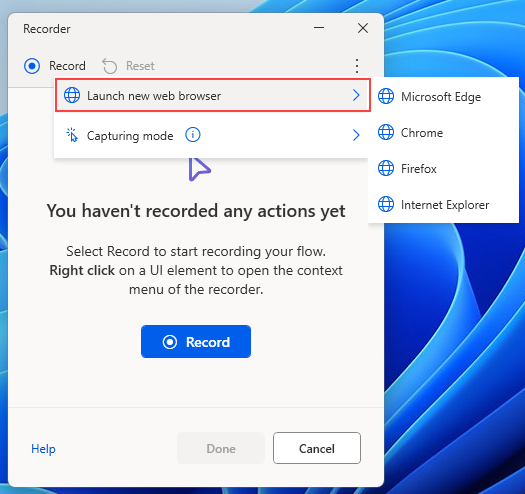 Screenshot of the Launch new web browser option.