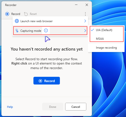 Screenshot of the recorder's capturing menu options.