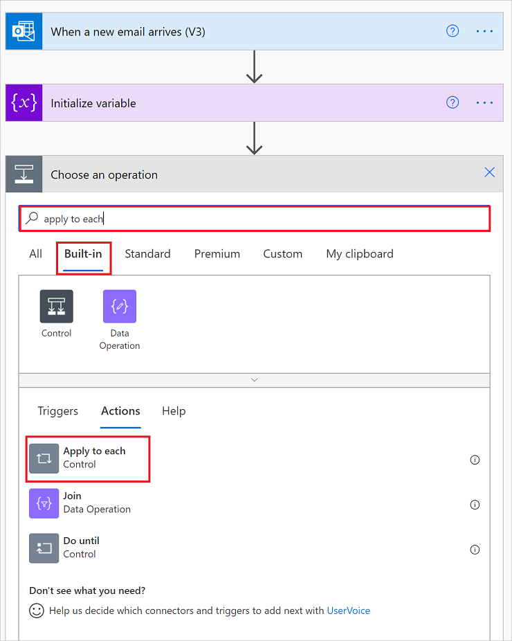 Screenshot of adding an Apply to each loop to cycle through the attavhments.
