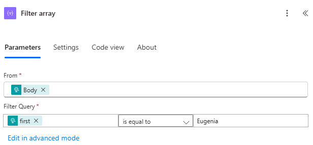 Screenshot of in the From section, the first line is set to Body. In the second line, first is set equal to Eugenia.