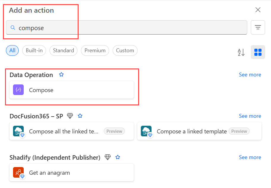 Screenshot of the Compose - Data Operation action.