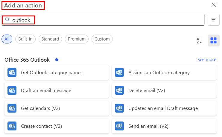 Screenshot of a partial list of Office 365 Outlook actions.