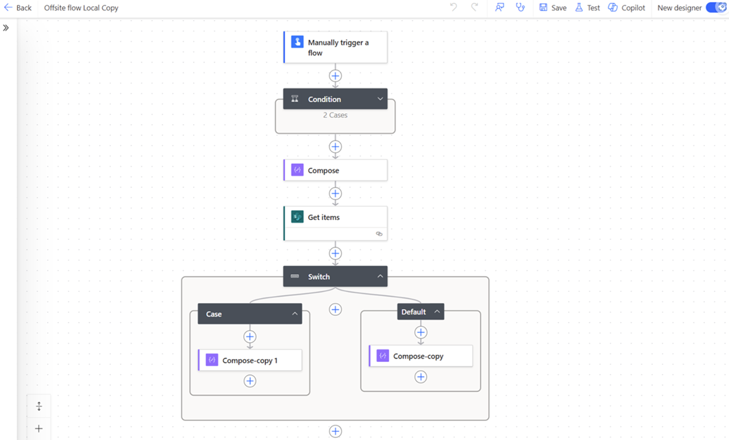 Screenshot of the unsaved copy of the flow in flow designer.