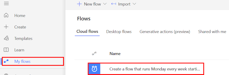 Screenshot of the list of cloud flows in the main Power Automate screen.
