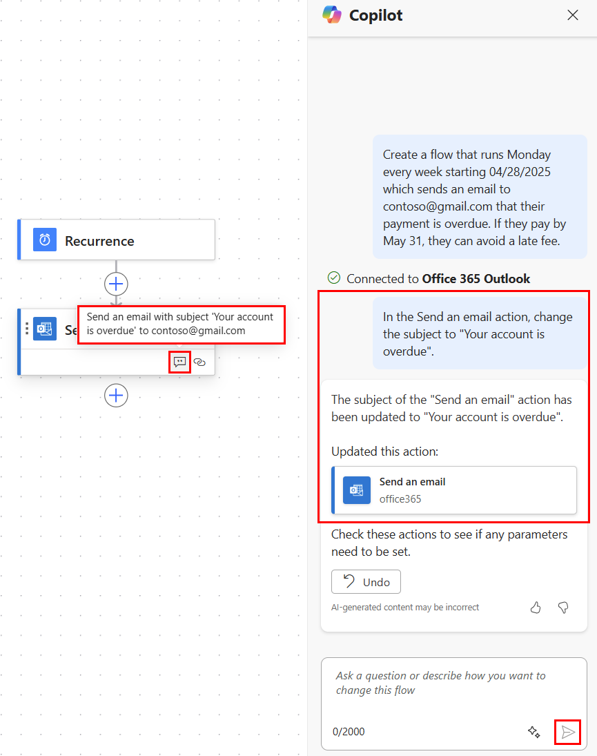 Screenshot of the Copilot pane confirming the 'Send an email' action was changed.