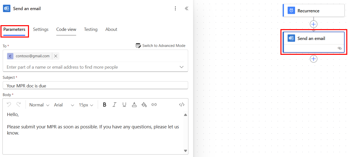 Screenshot of a prompt to create a scheduled flow in the action configuration pane.