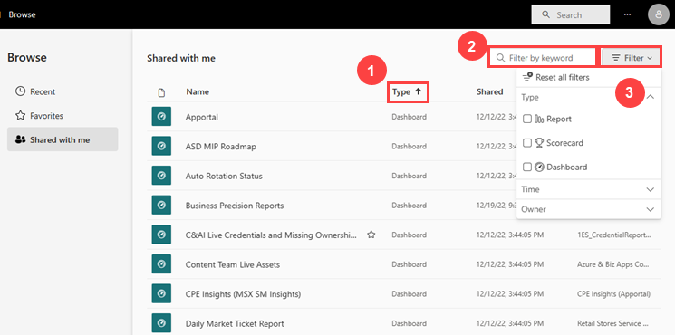 Screenshot of the options type, filter by keyword, and filter highlighted on the Shared with me window.