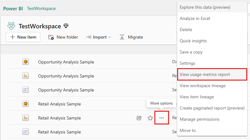 Screenshot of steps to view Usage Metrics.