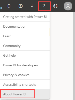 Screenshot shows the question mark where you can determine your Power BI tenant ___location.