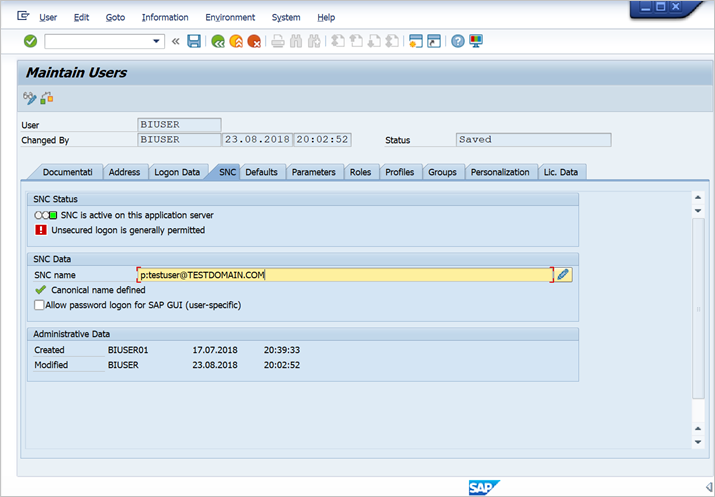 Screenshot of SAP BW Maintain users screen.