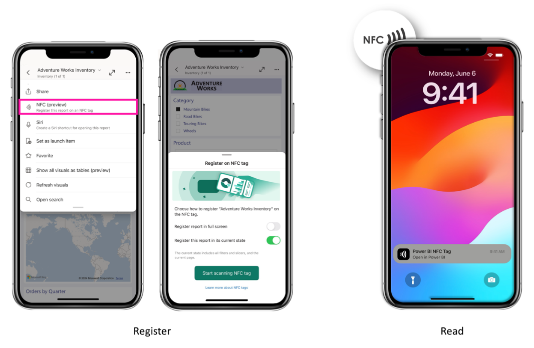 Screenshot illustrating how to register and read NFC tags with a phone using the Power BI mobile app.