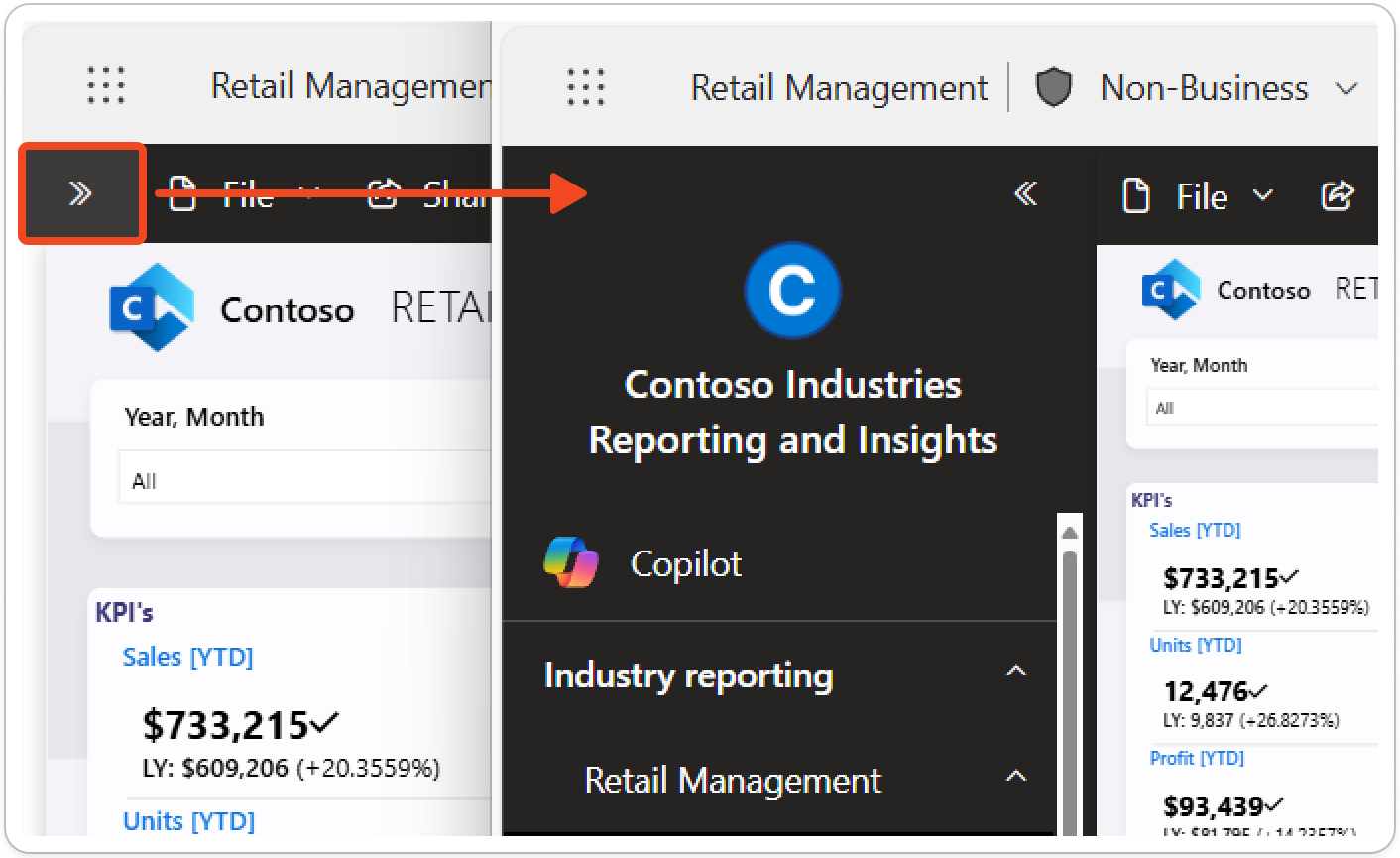 Screenshot of button to select for expanding app nav with app nav then expanded.