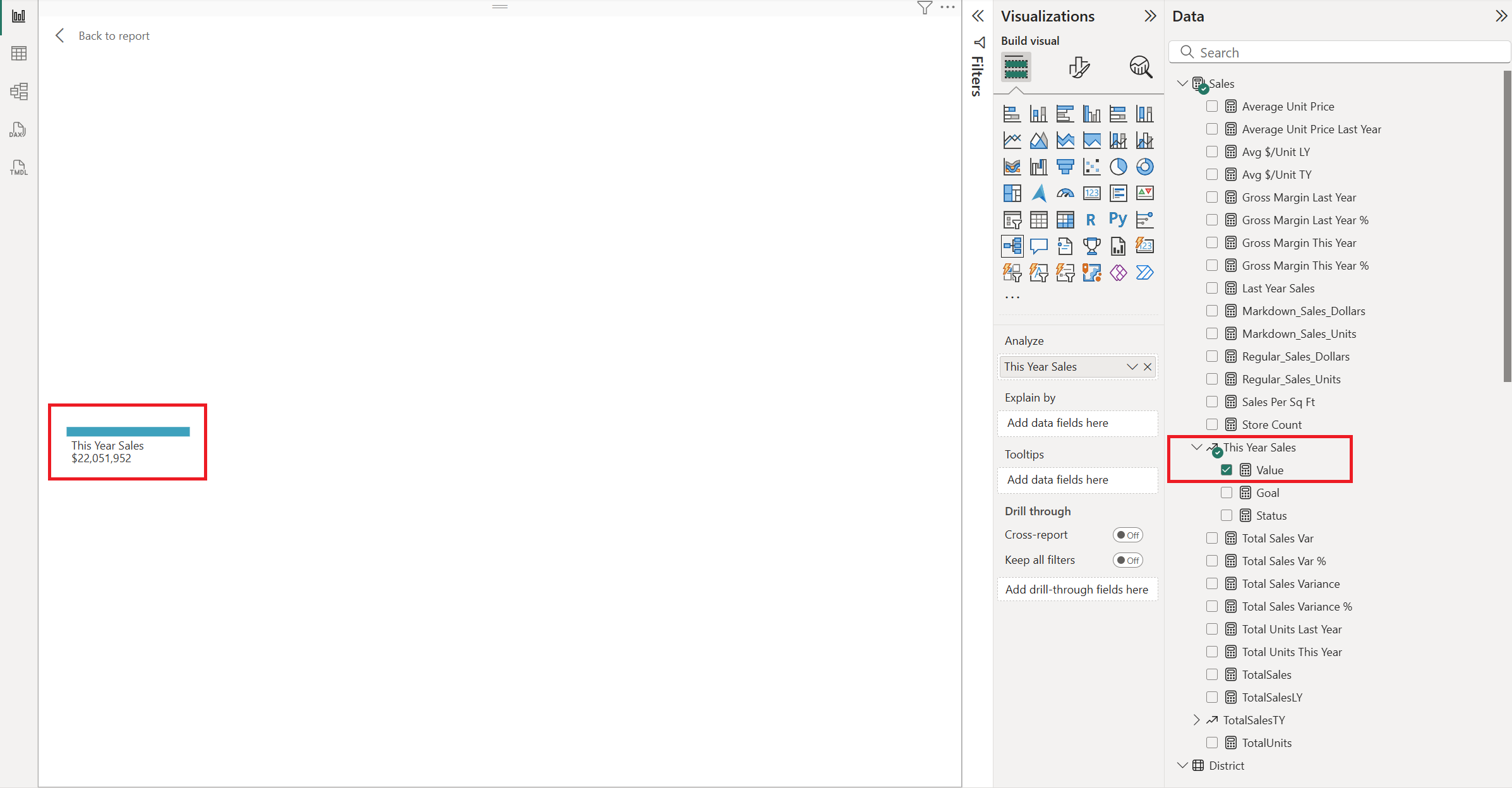 Screenshot shows Value for This Year Sales added to the Analyze box for the decomposition tree.