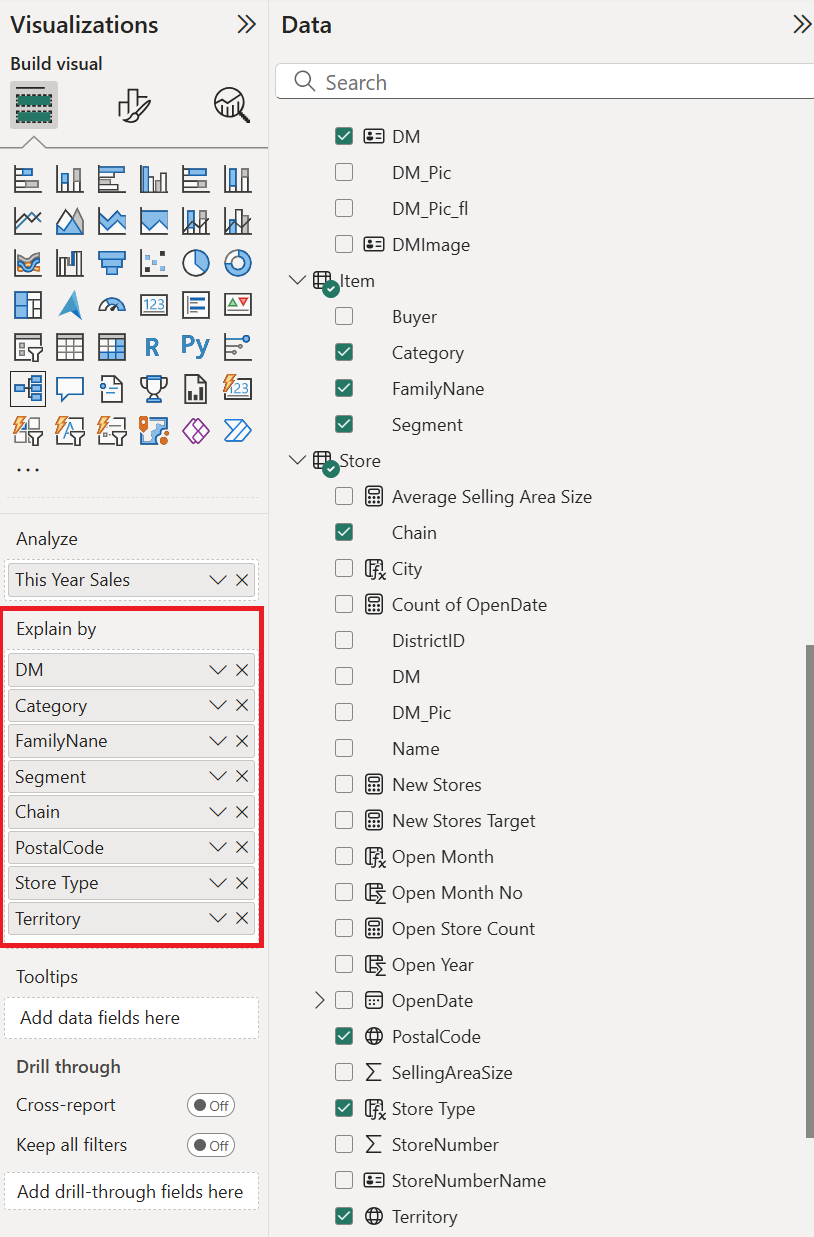 Screenshot shows the fields added to the Explain by box.