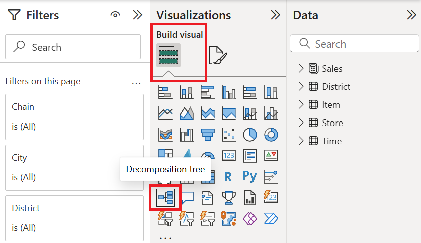 Screenshot shows the visualizations pane with the decomposition tree icon highlighted.