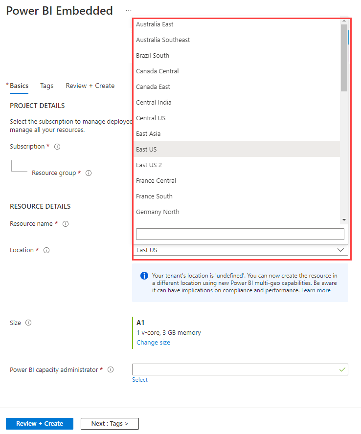 Screenshot of the Azure portal capacity creation screen, which shows the highlighted ___location drop-down menu.
