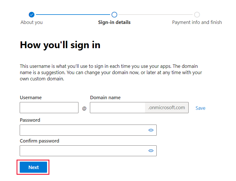 Screenshot showing the newly created user name and ___domain name with input boxes for entering and confirming a password. Next is highlighted.