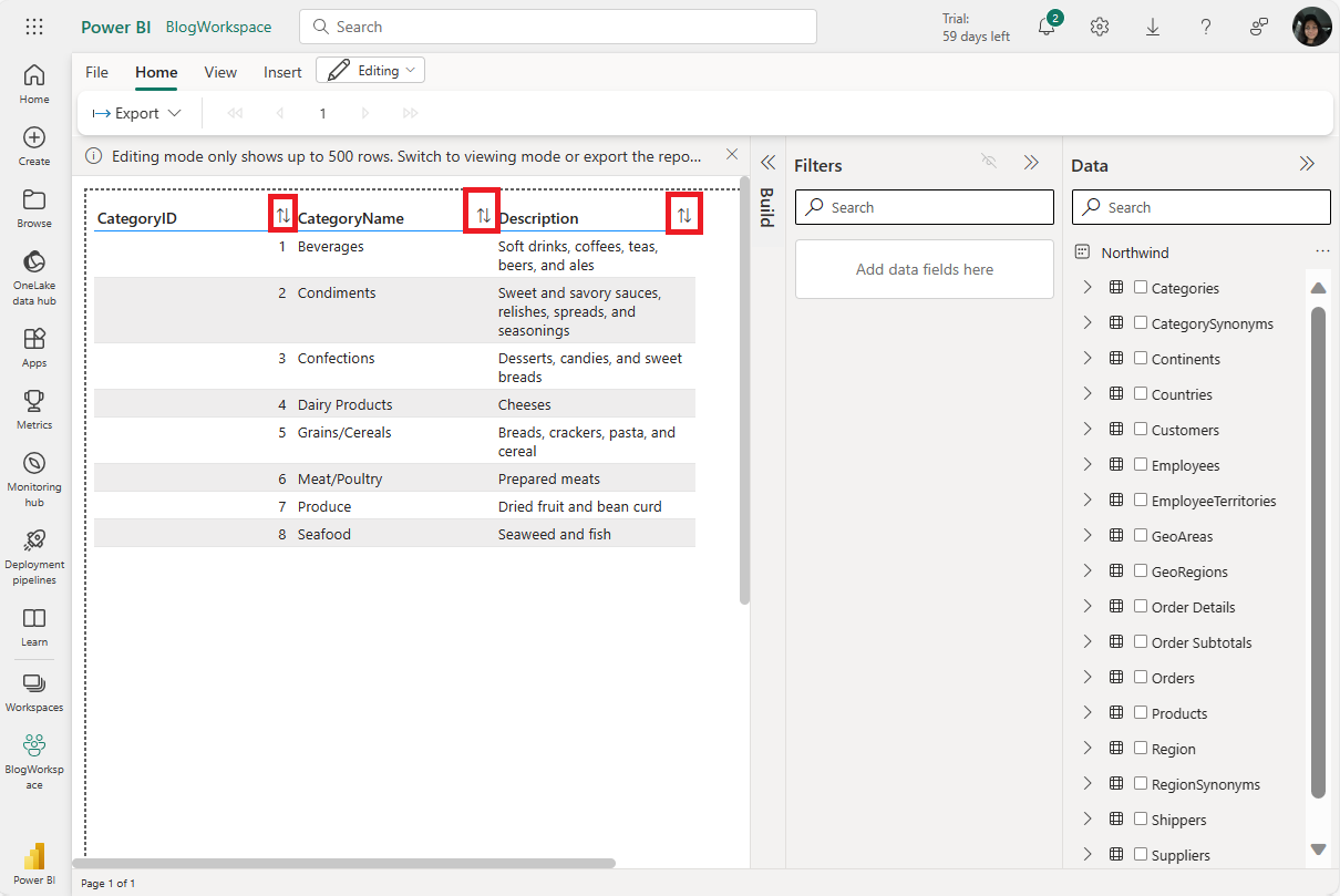 Screenshot of sorting during authoring.