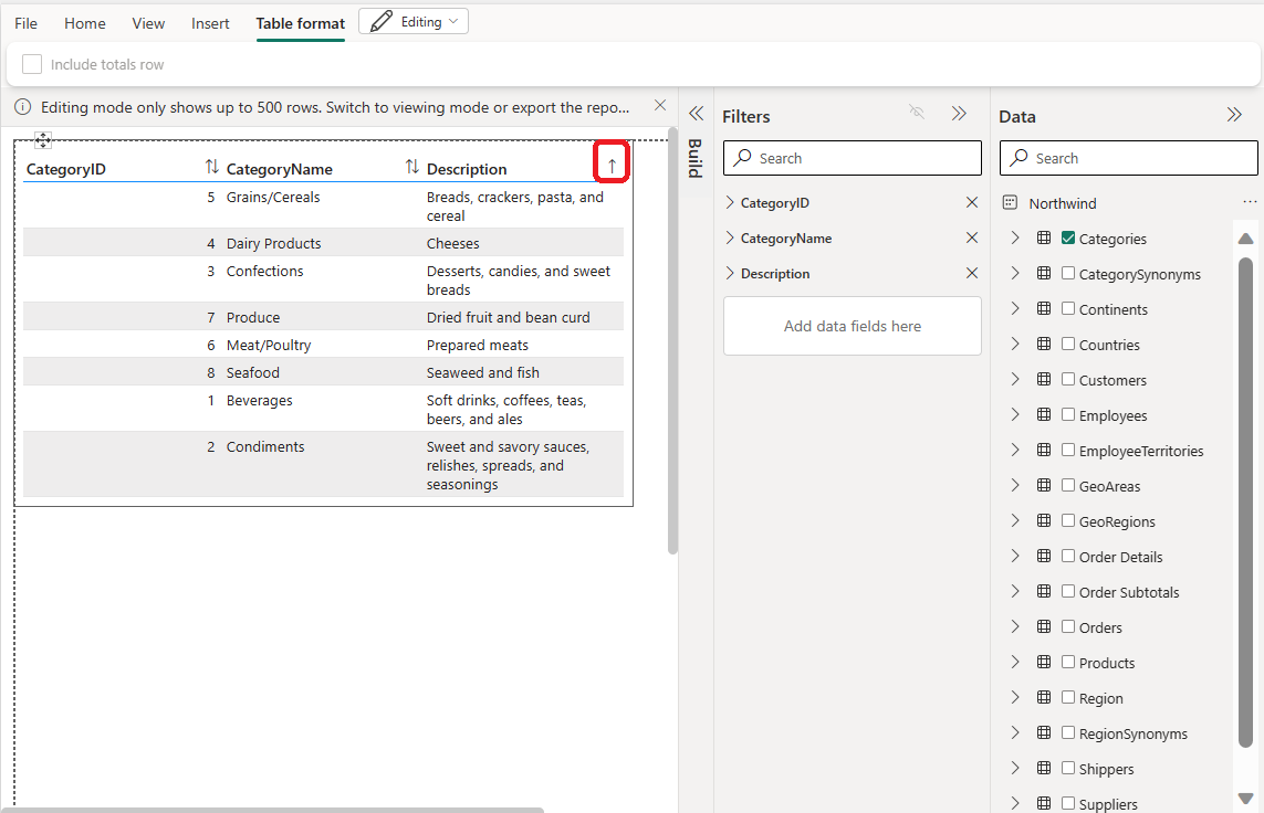 Screenshot of sorted column in authoring.