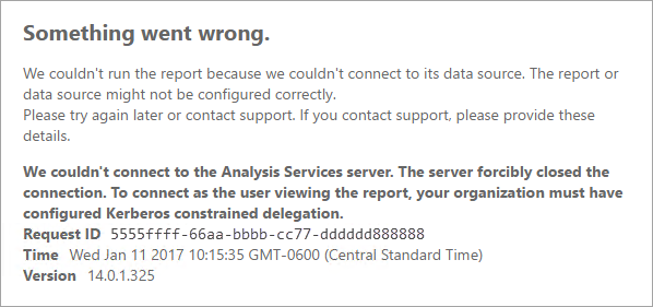 Screenshot of Power B I Reports showing error message related to issues connecting with Analysis Services server.