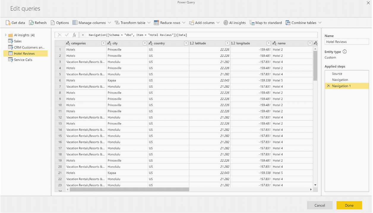 Screenshot of Power Query with an opened an entity.