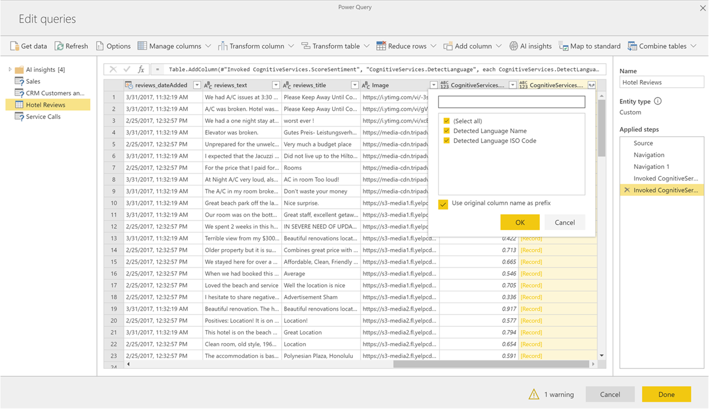 Screenshot of the expand column option selected at the top of a column in Power Query.