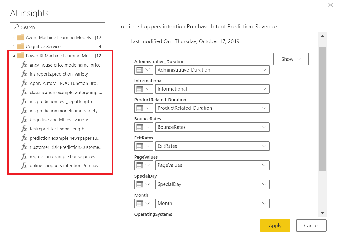 Screenshot of the AI insights dialog box highlighting the Power BI Machine Learning Models.
