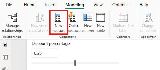 Screenshot of the Power BI Desktop ribbon. On the Modeling tab, the New measure button is highlighted.