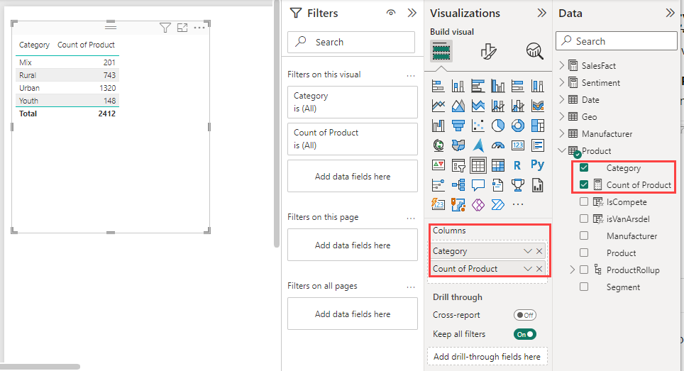 Screenshot that shows the Data pane with the fields selected.