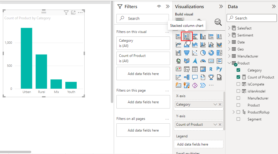 Screenshot that shows the Stacked column chart button.