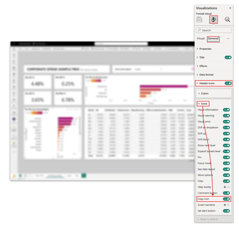 Image of Power BI service highlighting ___location of 'Copy icon' selected.