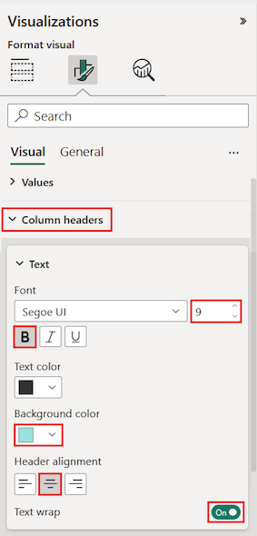 Screenshot of table column header options in the Format section of the Visualizations pane.