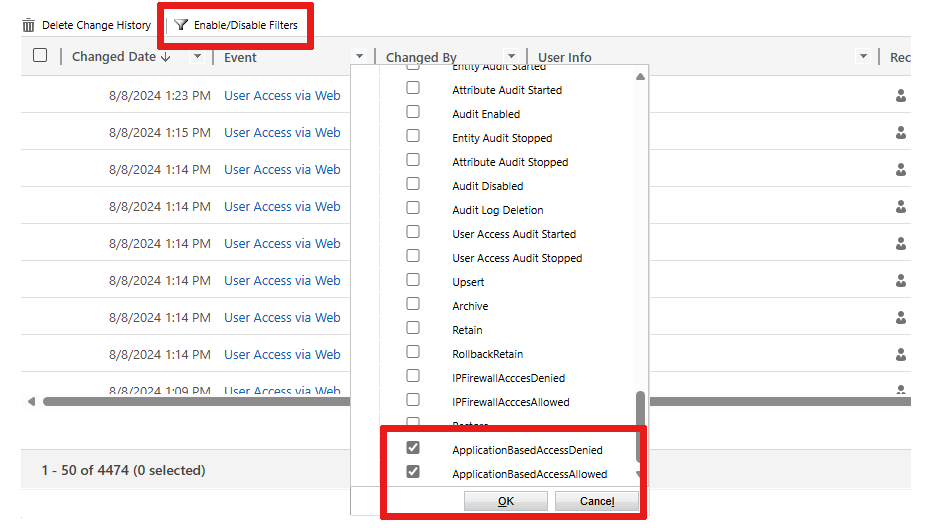 Screenshot that shows where the Enable/Disable Filters button and ApplicationBasedAccessDenied and ApplicationBasedAccessAllowed checkboxes are located on the Audit summary view page.