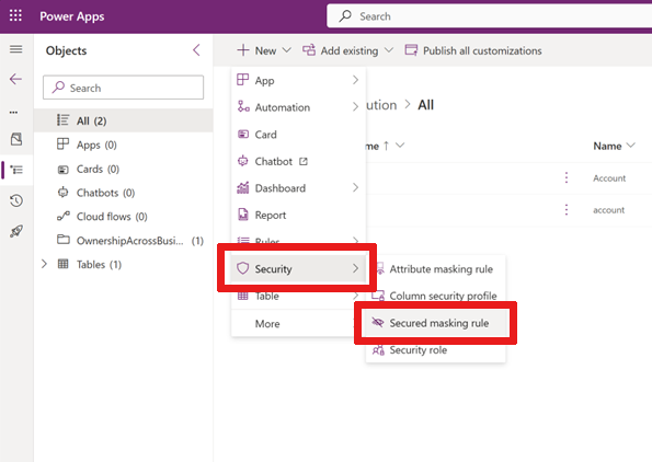 Screenshot showing the ___location of the Secured masking rule button in Power Apps.