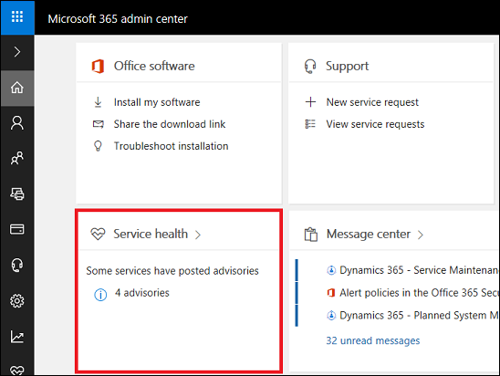 Screenshot showing the Service health card on the Microsoft 365 admin center dashboard.