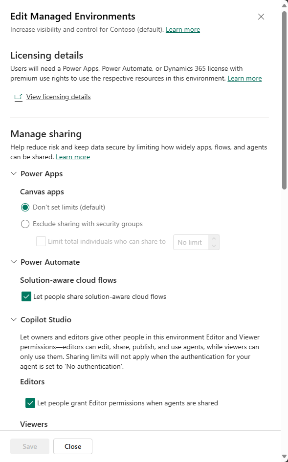 Screenshot of managing sharing limits in the Power Platform admin center.