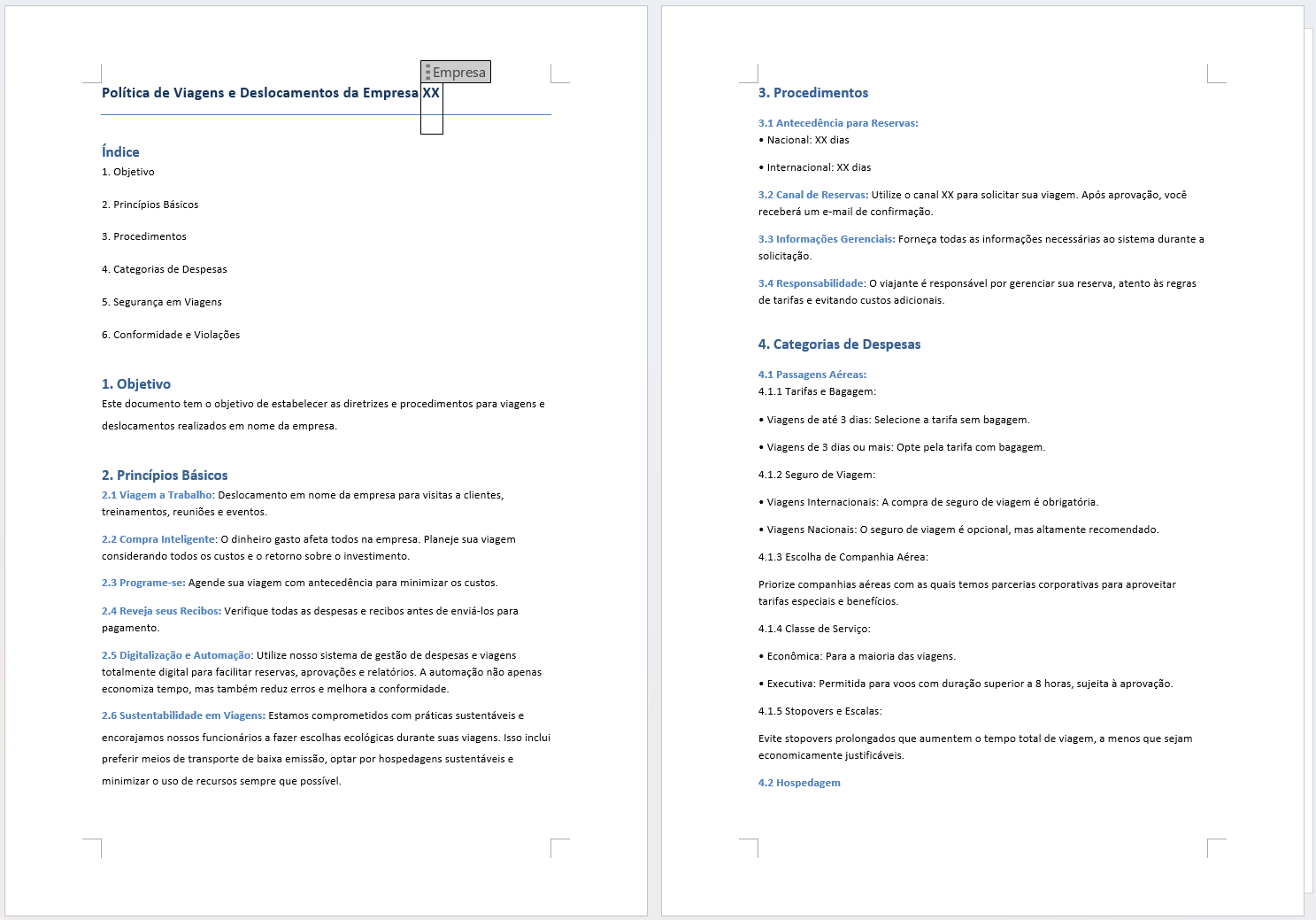 Screenshot that shows a travel policy template being created.