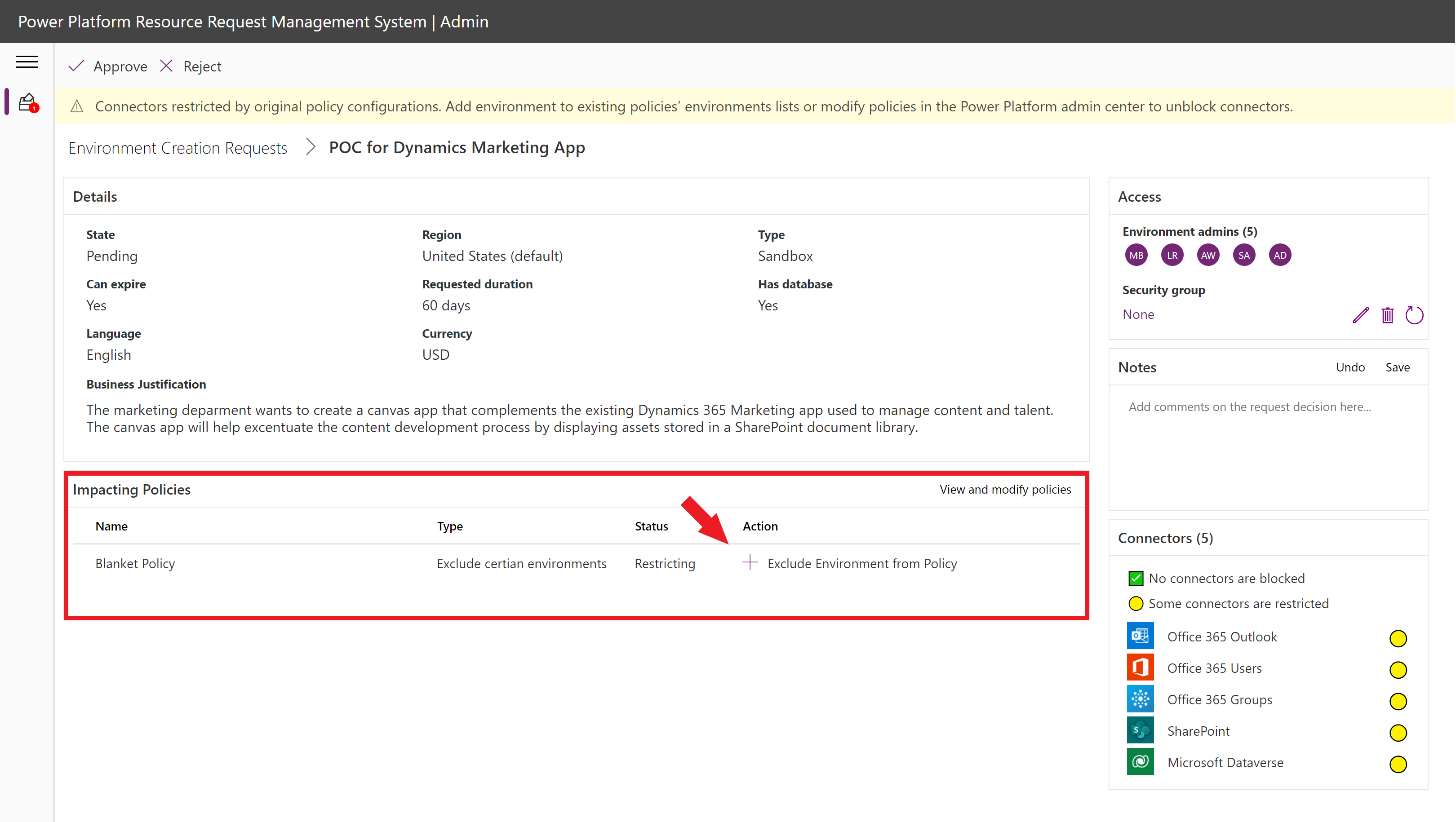 Screenshot showing a policy modification action.