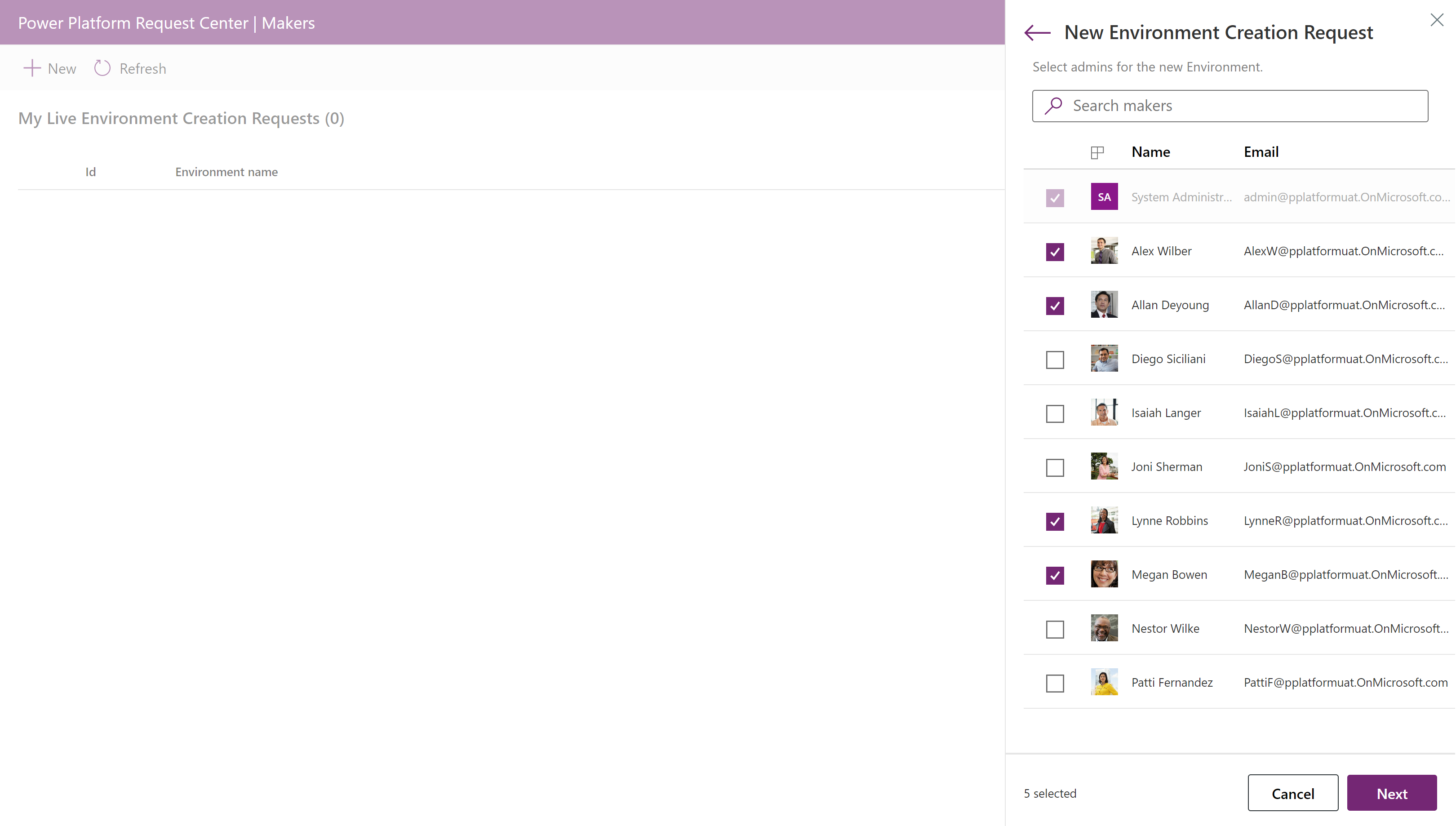 Screenshot showing the New Environment Creation Request panel where you choose admins.