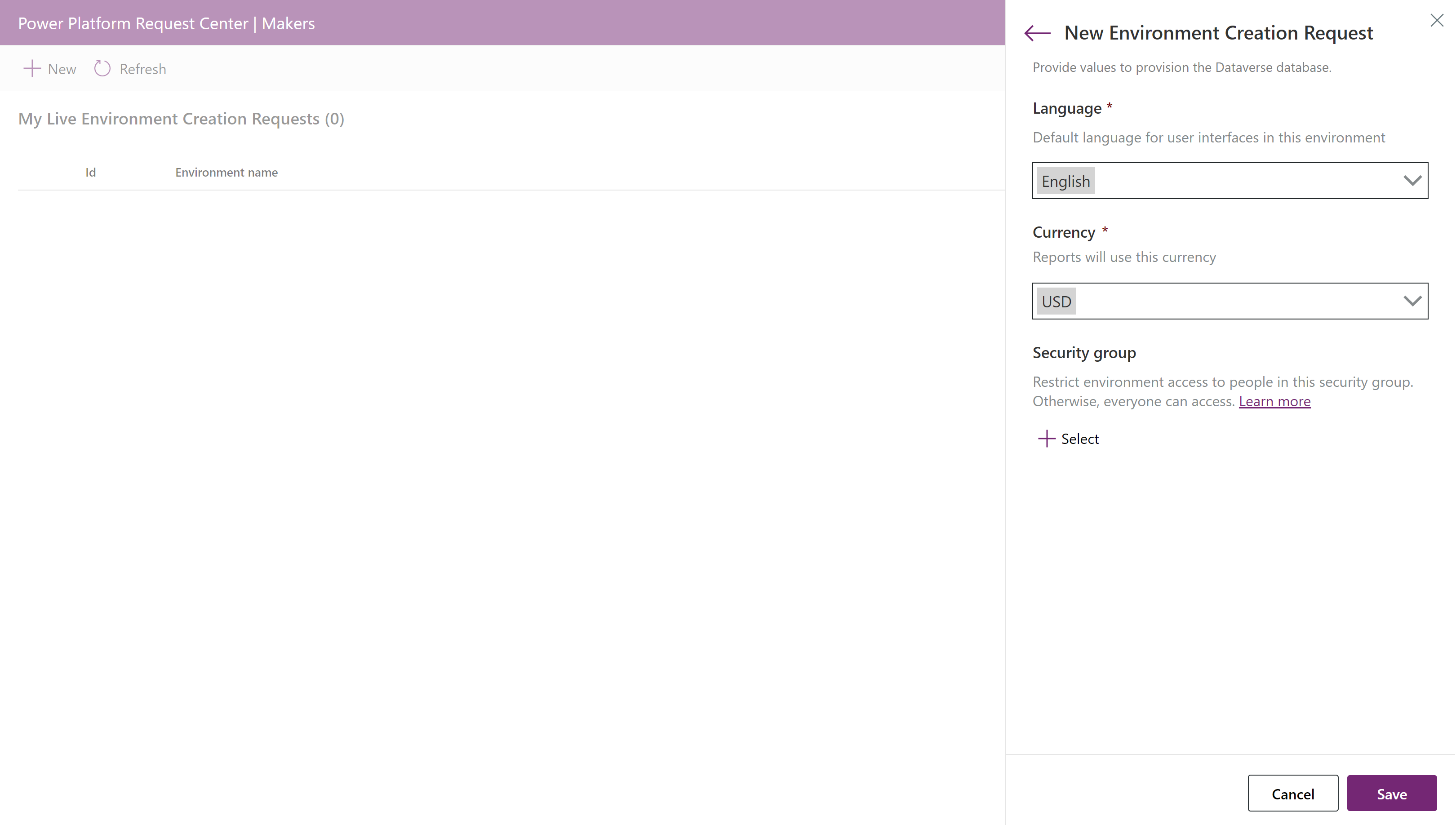 Screenshot showing the New Environment Creation Request pane where you choose language and currency settings.