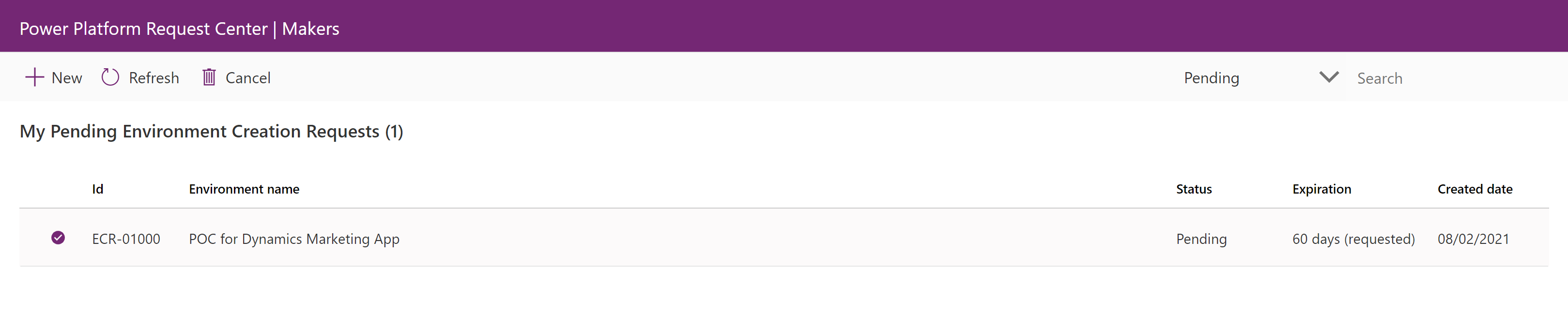 Screenshot showing a single item in the My Pending Environment Creation Requests page.