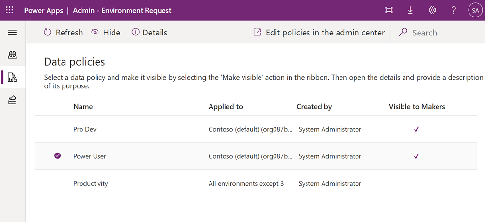 Screenshot showing where to select a policy to make it visible to makers.