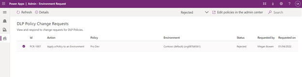 Screenshot showing DLP Policy Change Requests in the Admin Environment Request app.