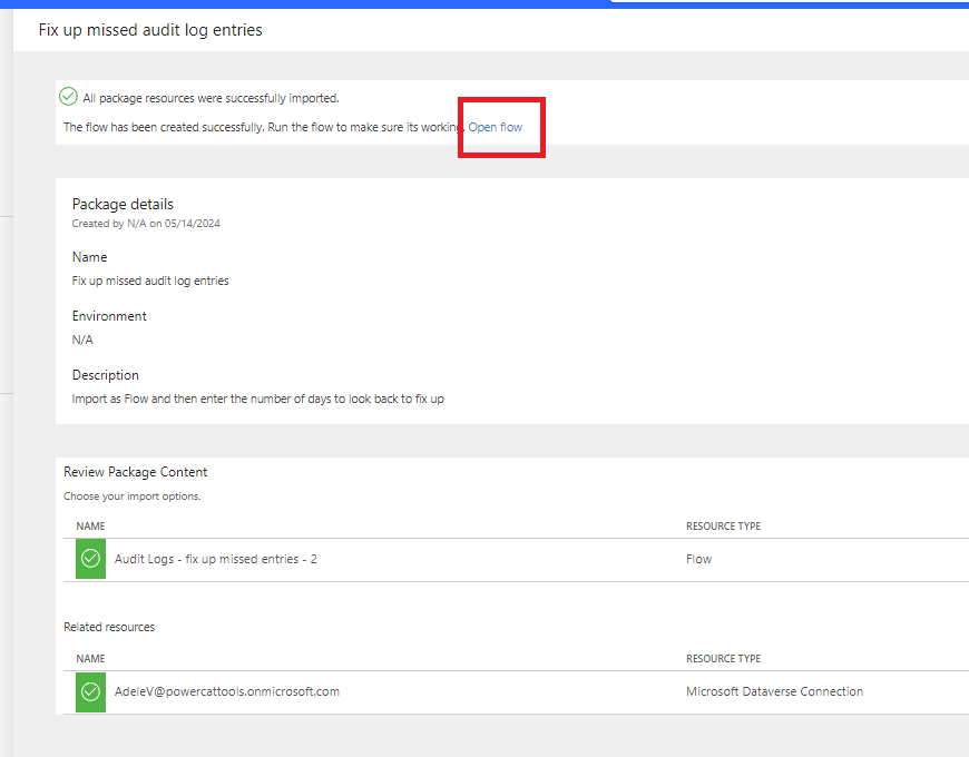 Screenshot that shows where the Open flow link is located.
